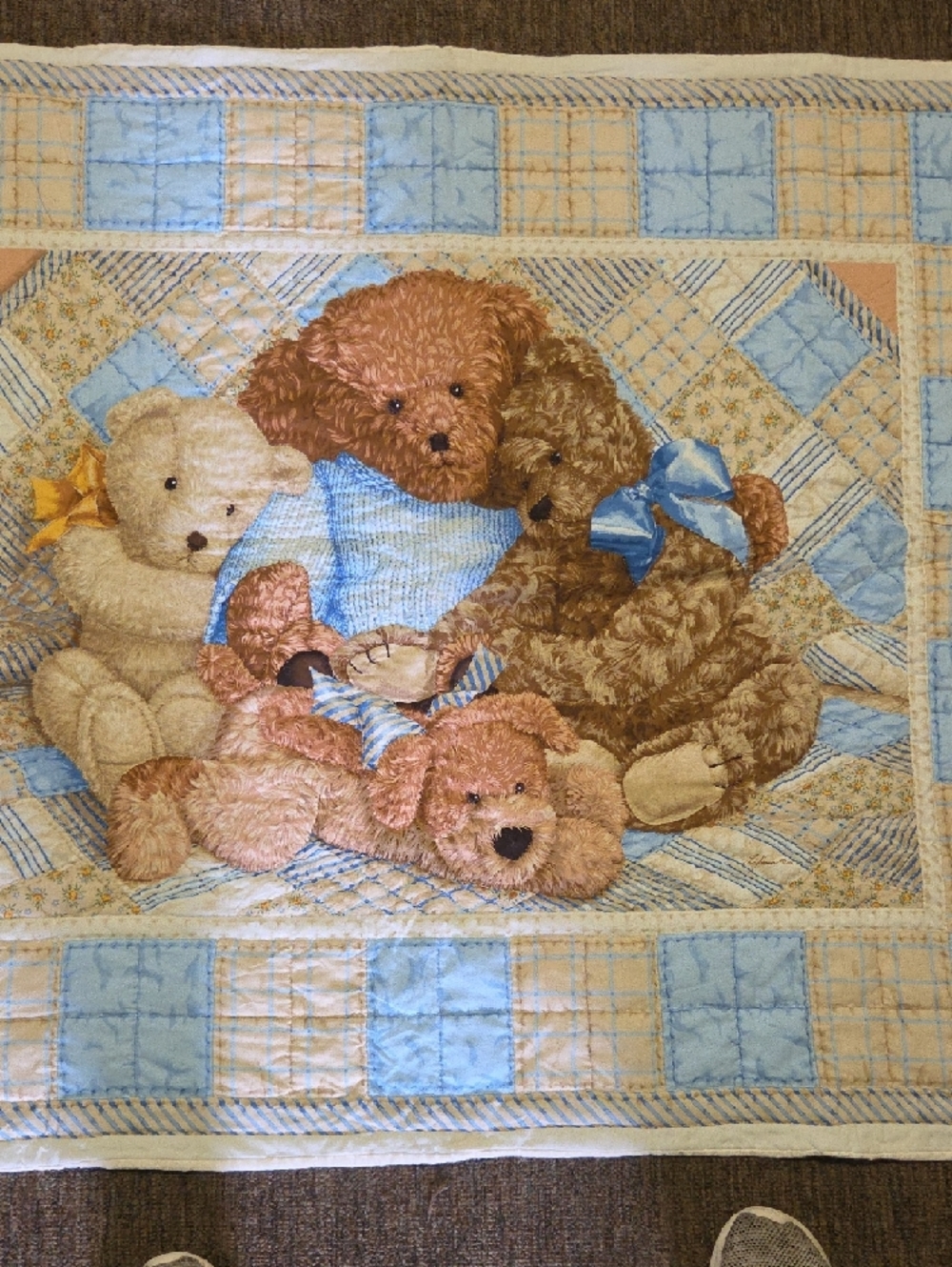 Teddy Bear Patchwork Baby Quilt - Blue & Cream 41x33 - Picture 3 of 8